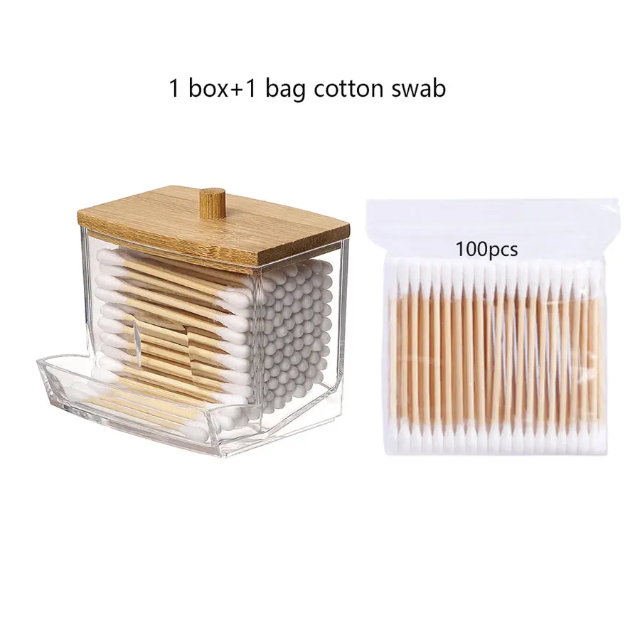 1/2pcs Cotton Swabs with Storage Box Transparent Square Bamboo Covered Cotton Swabs Double Headed Cotton Storage Box Container