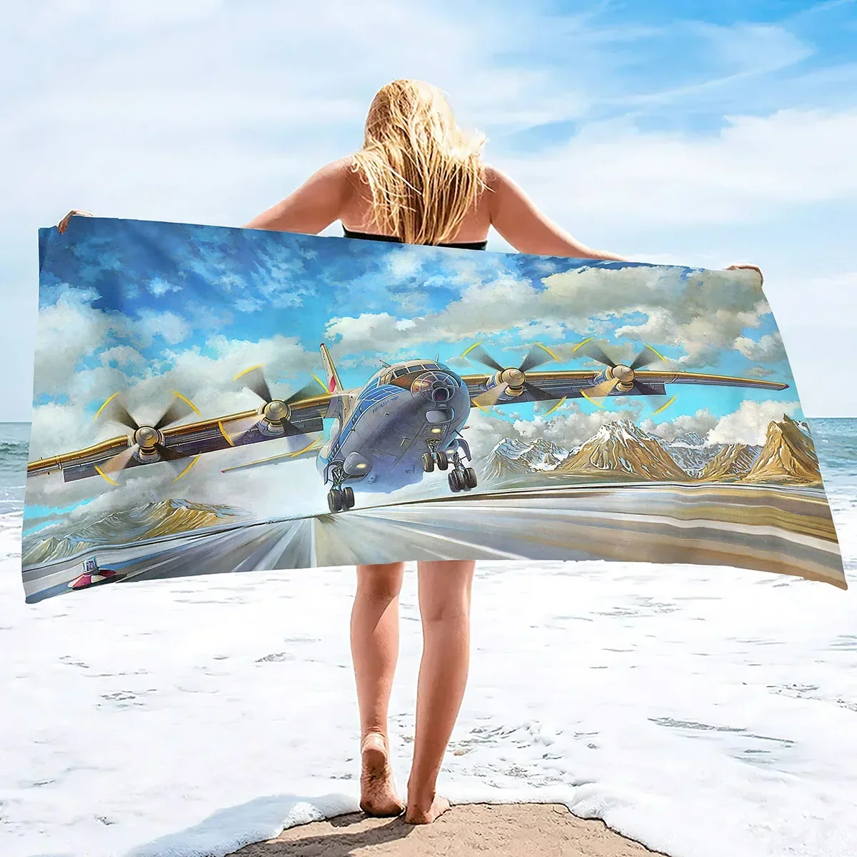 Airplane Beach Towels Cartoon Airplane Flying Pattern Oversized Travel Towels Lightweight Compact Quick Dry Beach Accessories