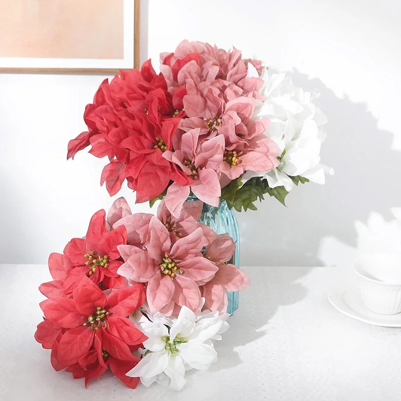 32cm 7 Forks Christmas Flowers Bridal Bouquet Wedding Christmas Decoration Home Party Vase Decortion Fake Flowers Bouquet