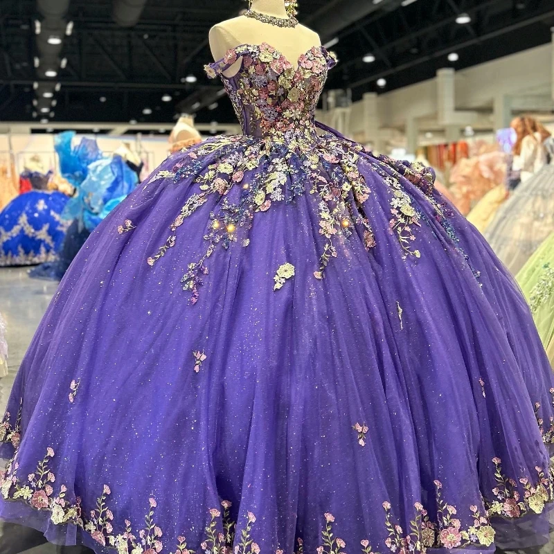 

Lorencia мексиканское фиолетовое блестящее платье Quinceanera 3D Цветочная аппликация на день рождения милое официальное милое 16 платье Vestidos XV годы YQD258