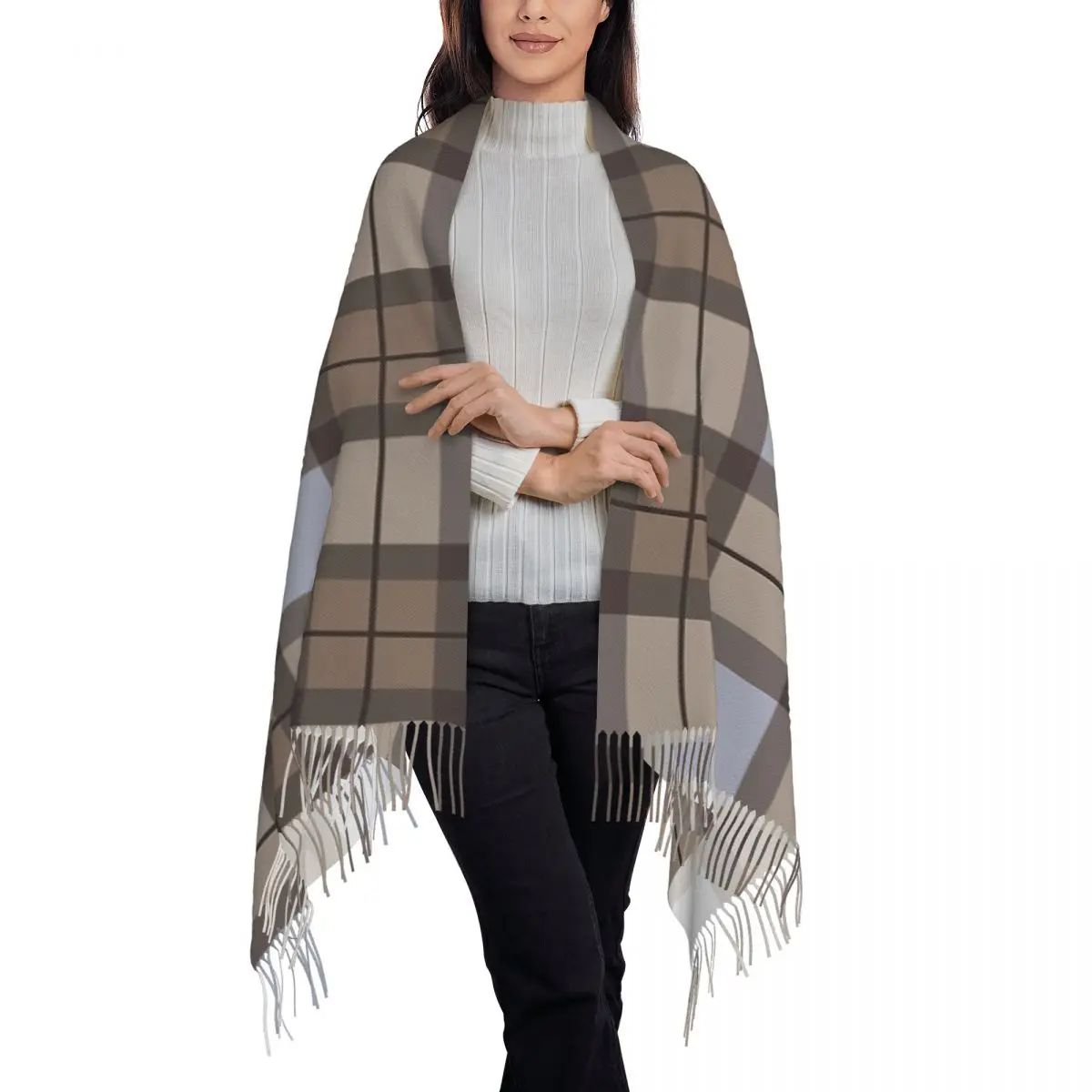 Outlander Leather And Tartan Scarf Tassel Scarves for Women Soft Warm Shawls and Wraps Large Fall Winter Shawl Wrap