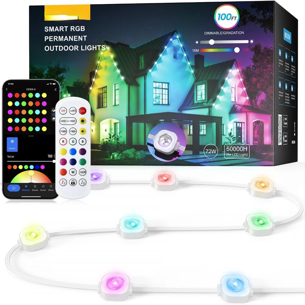 

100ft Permanent Outdoor Christmas Lights, 72 RGB+IC LEDs DIY Smart Outside String Eave Light for Eternity, App& Remote