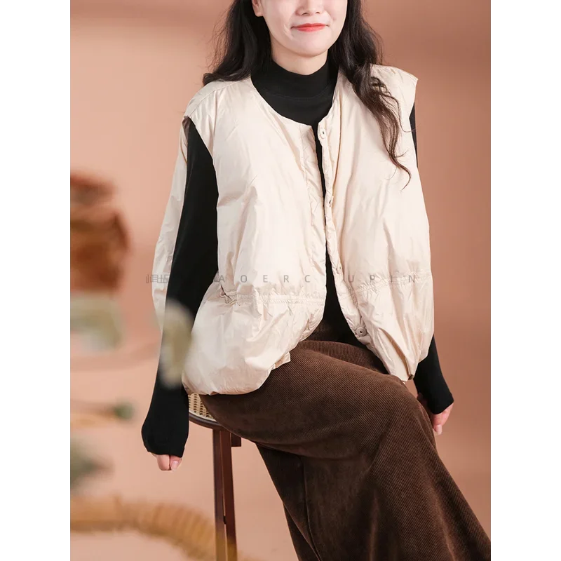 سترة نسائية دافئة بدون أكمام، كاجوال، فضفاض، رقبة دائرية، بطة بيضاء أسفل، قميص داخلي بسيط، طبقات، شتاء JJ1123 #1