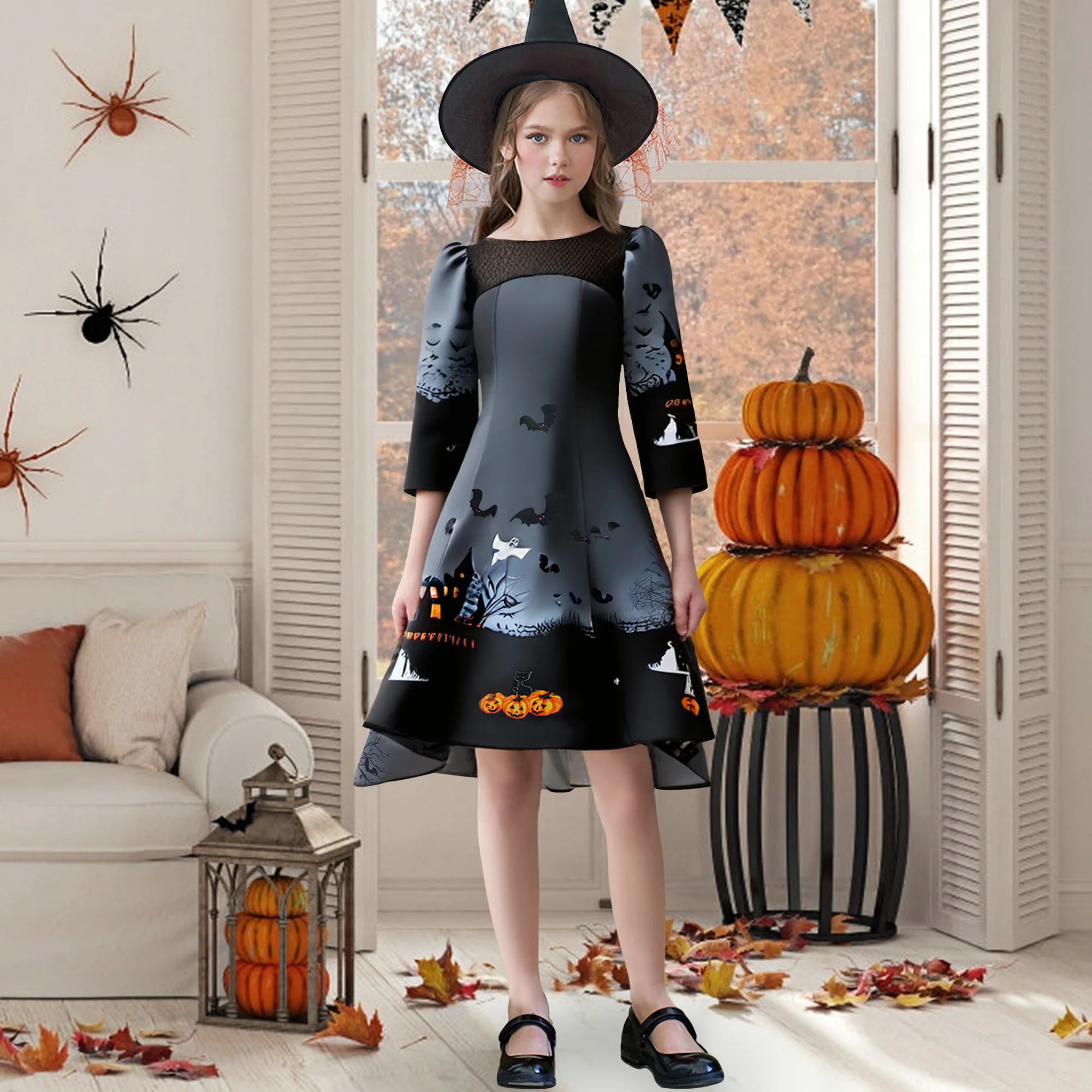 

Black Halloween Cosplay Pumpkin Bat Costumes for Girls Carnival Ghost Birthday Party Wedding Girl Dresses Christmas Kids Clothes