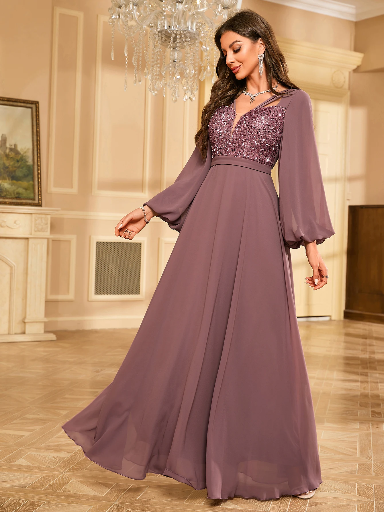 UNITHORSE  Elegant V-neck lantern sleeve sequin embellished chiffon evening gown dress for women