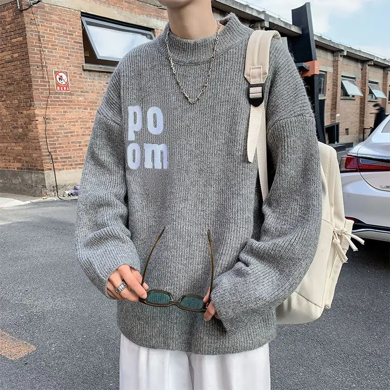 

Japan Style Vintage Sweaters Loose Autumn Winter Fashion Letter Embroidery Men's Clothing Casual Round Neck Knitted Pullovers