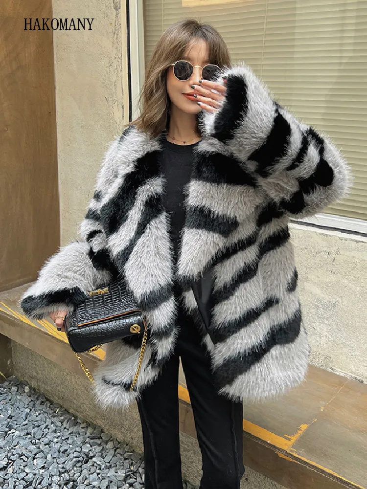 

Winter Zebra Striped Large Lapel Fur Coat Long Sleeve Loose Warm Shaggy Faux Fur Jacket Loose Outwear