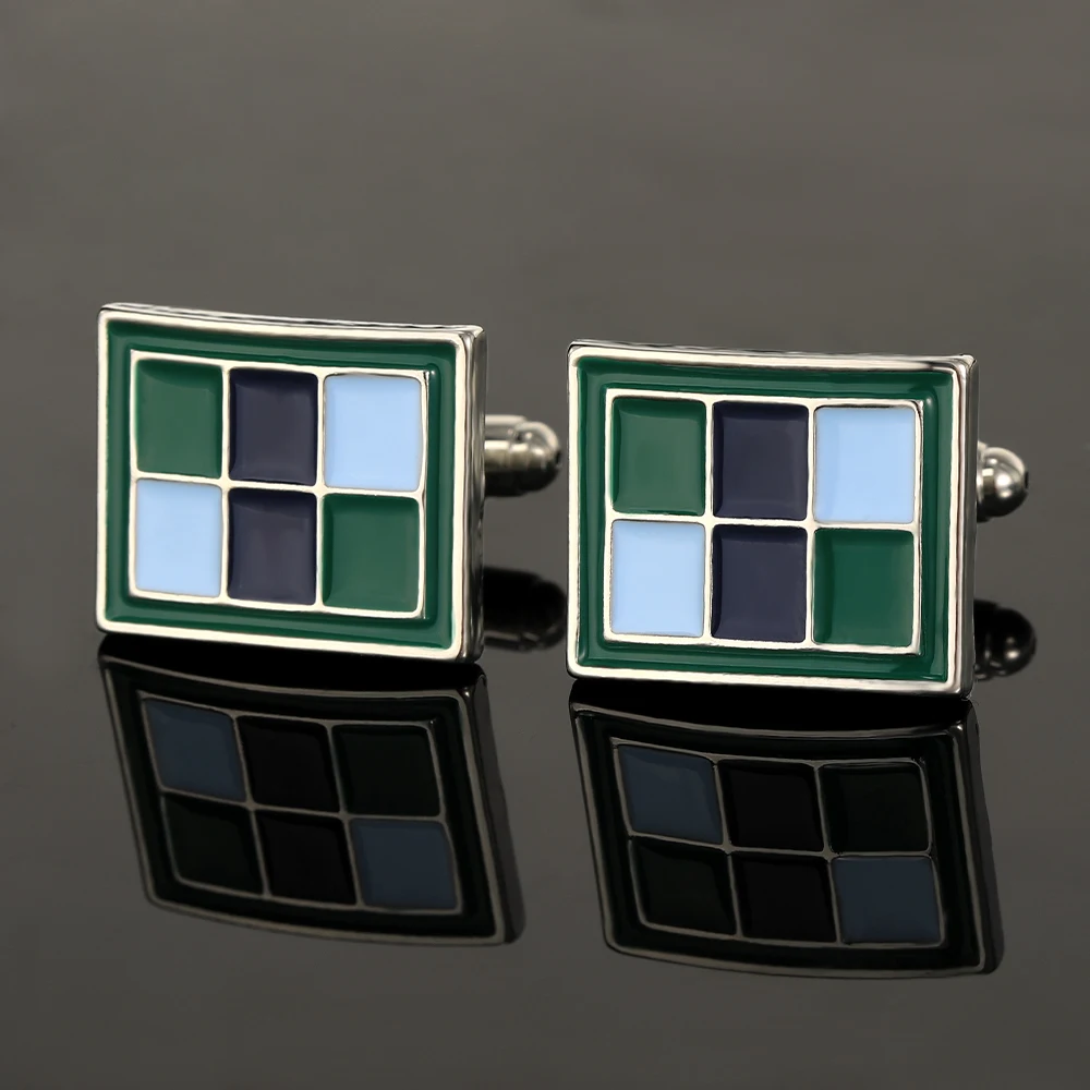 Creative Plaid Square Enamel Mens Cufflinks Blue Green Colors Checked Sleeve Button For Suit Tuxedo Jewelry Accessories