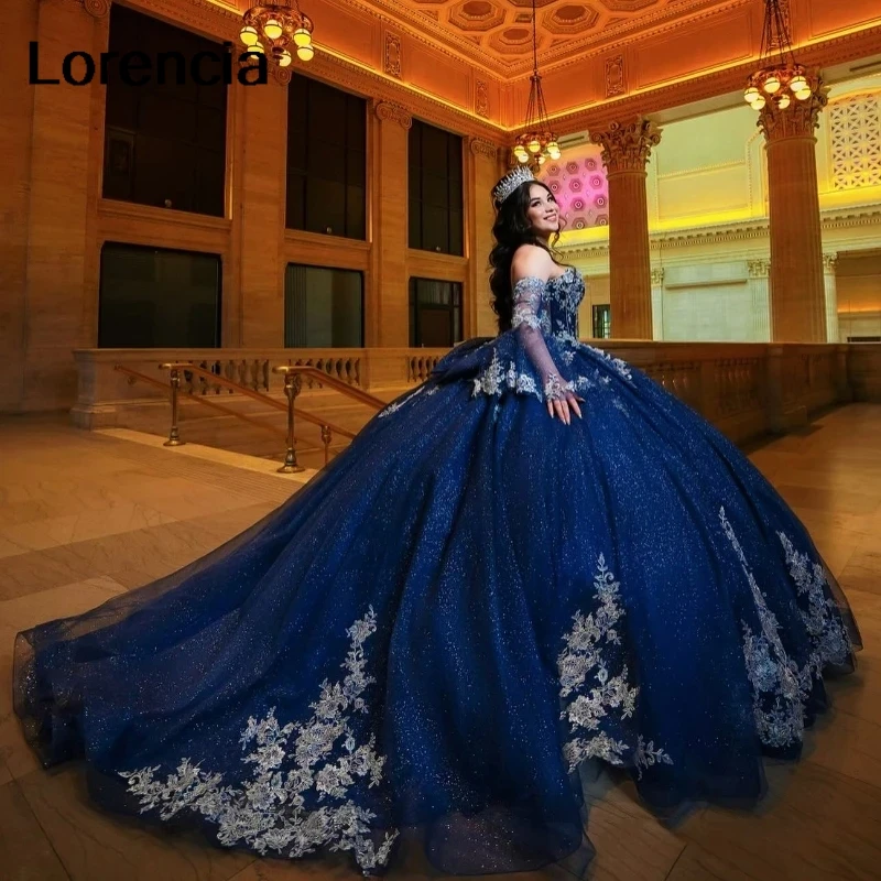 Customized Navy Blue Quinceanera Dress Ball Gown Lace Applique Long Sleeve Beading Mexican Sweet 16 Vestidos De 15 Años YQD821