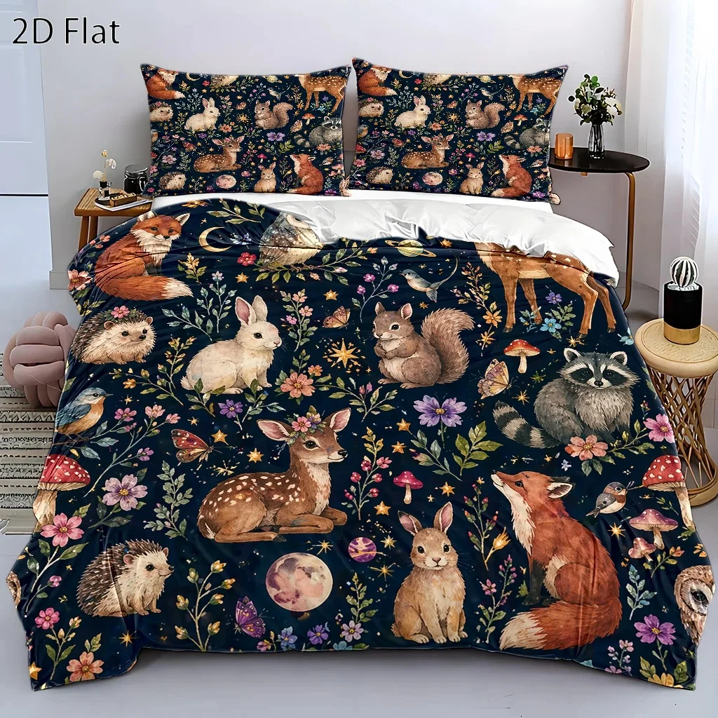 3Pc Dreamy Forest Animal Duvet Cover Set, Three-Piece Bedding Set (1*Duvet Cover + 2*Pillowcases), Suitable for All Seasons, Machine Washable, Features Invisible Zipper Design, Cartoon Deer, Fox, and Hedgehog Patterns, Suitable for Home, Dormitory, Master Bedroom, Guest Room, Large Double Bed Cover, Ins-Style Bedding Set, Cute Animal Print Bedding, Comfortable and Skin-Friendly Bedding Set