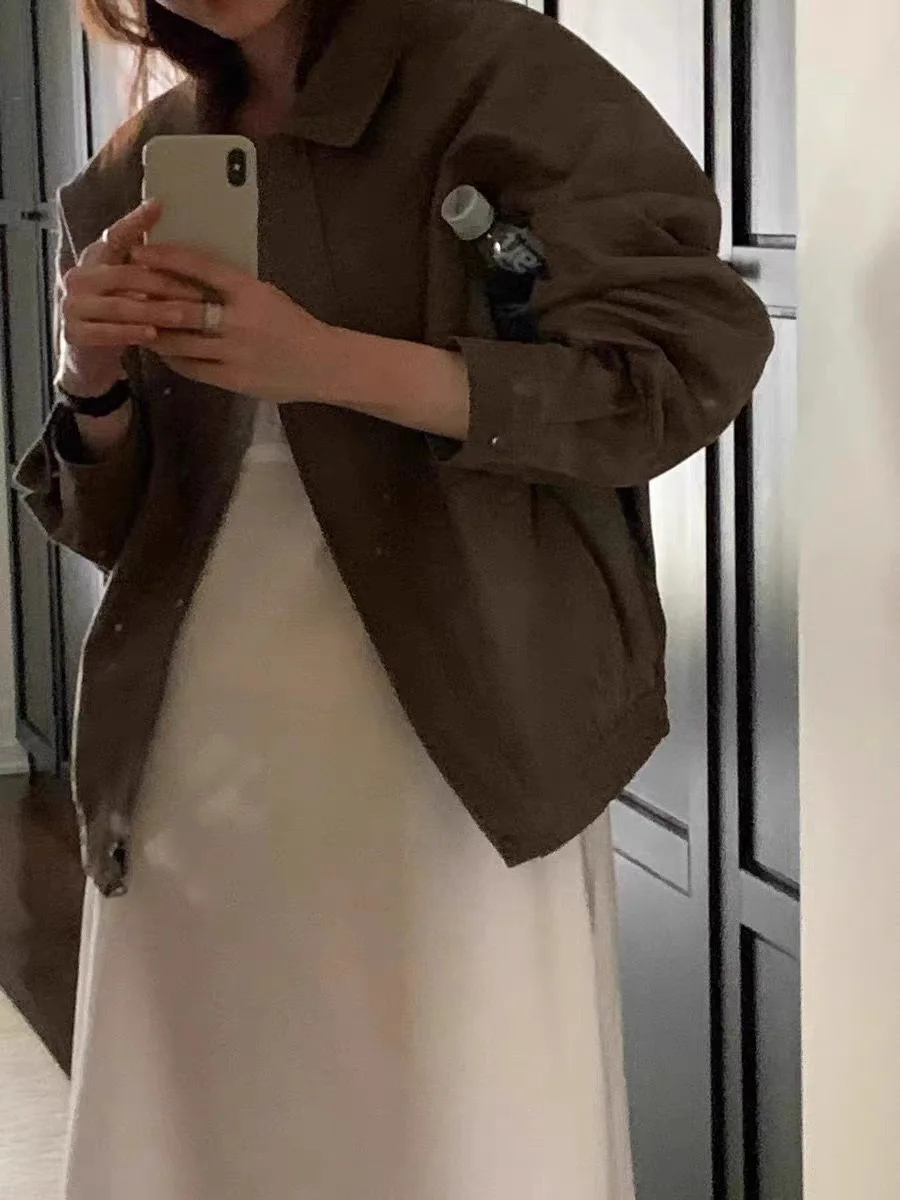 Once rétro cuir Jaet femmes automne nouveau Simple Vintage trajet haut ample manteau jeune femme Faion