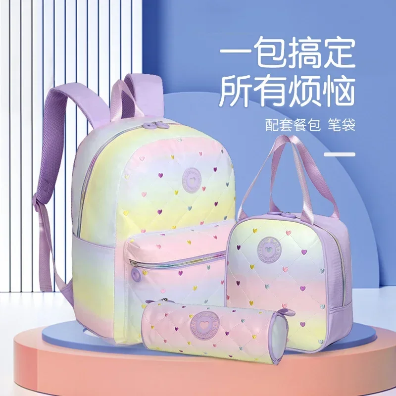 Children School Bags for Girls Double Layer Backpack Cute Women's Backpack 3 Piece Set with Meal Bag Pen Bag Shoulder Bag