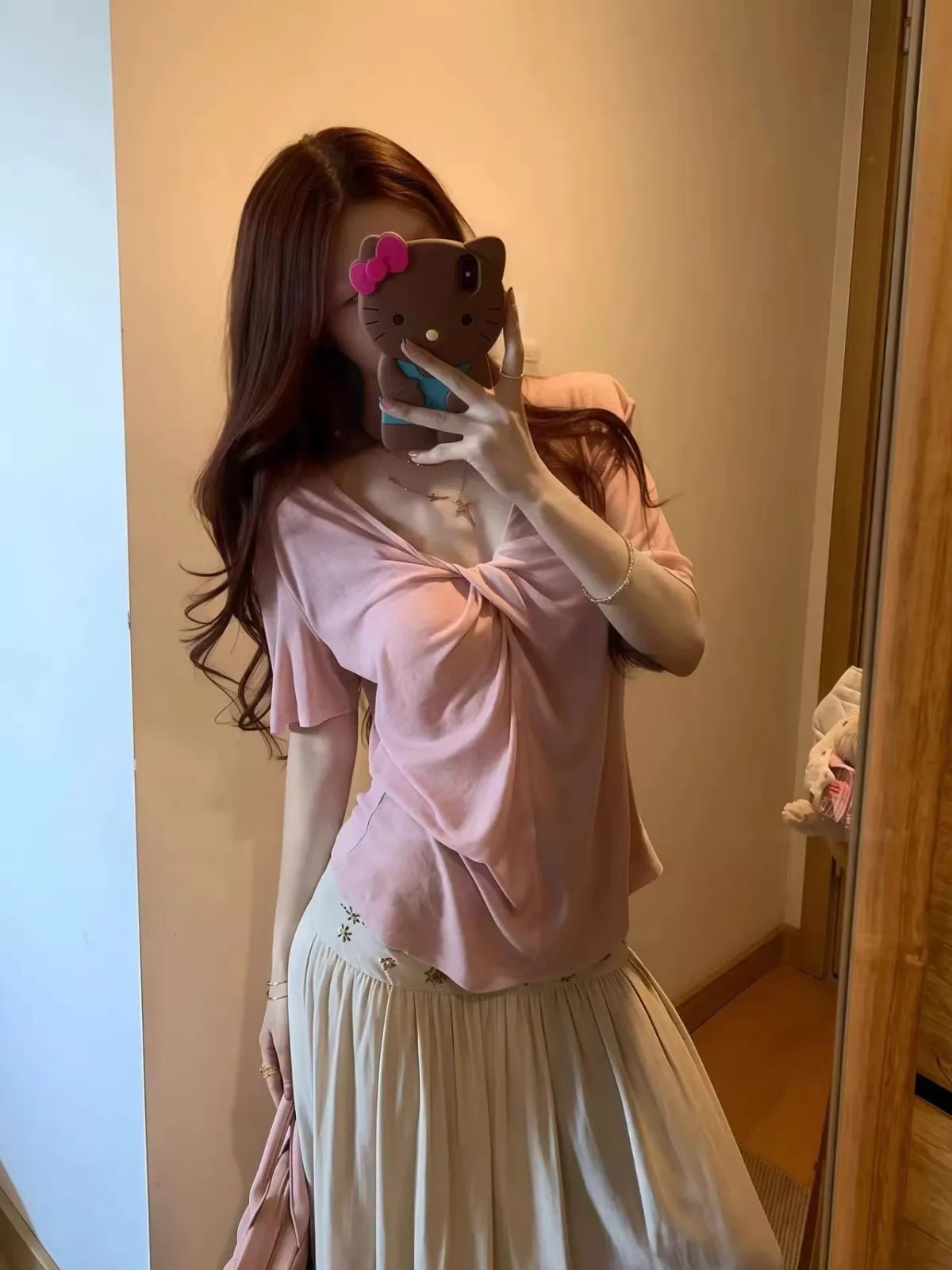 Korean Style Knot V-Neck Short Sleeve T-Shirt Women's Spring Summer Slim Fit Casual Slimming Versatile Top Skin-Friendly Brea...