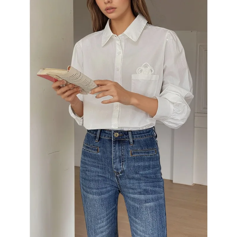 

3D Floral Plus Size Blouse: Korean Style Spring Shirt with Breathable Fabric & Single Row Buttons for Versatile Casual Wear