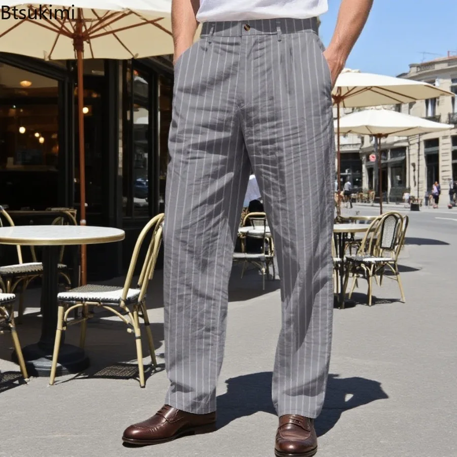 2025 Men's Fashion Striped Hot Pants Simple Loose Classic Linen Ankle Pants Spring and Autumn Casual Beach Sports Pants for Men