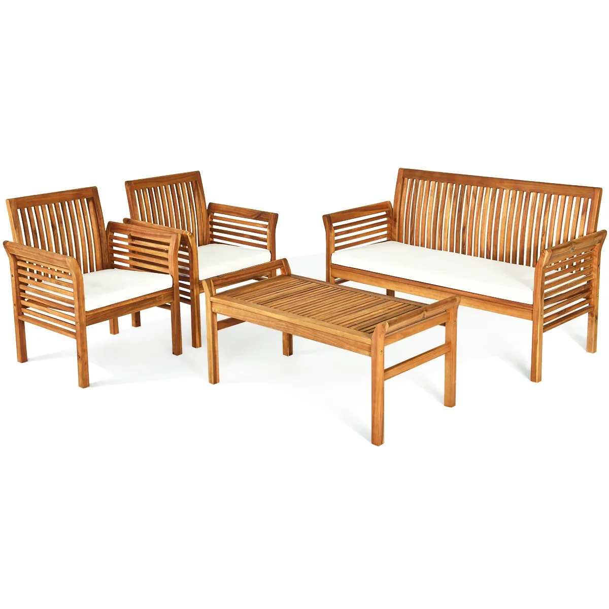 

4PCS Outdoor Sofa Furniture Set Acacia Wood Frame Cushioned Chair Coffee Table