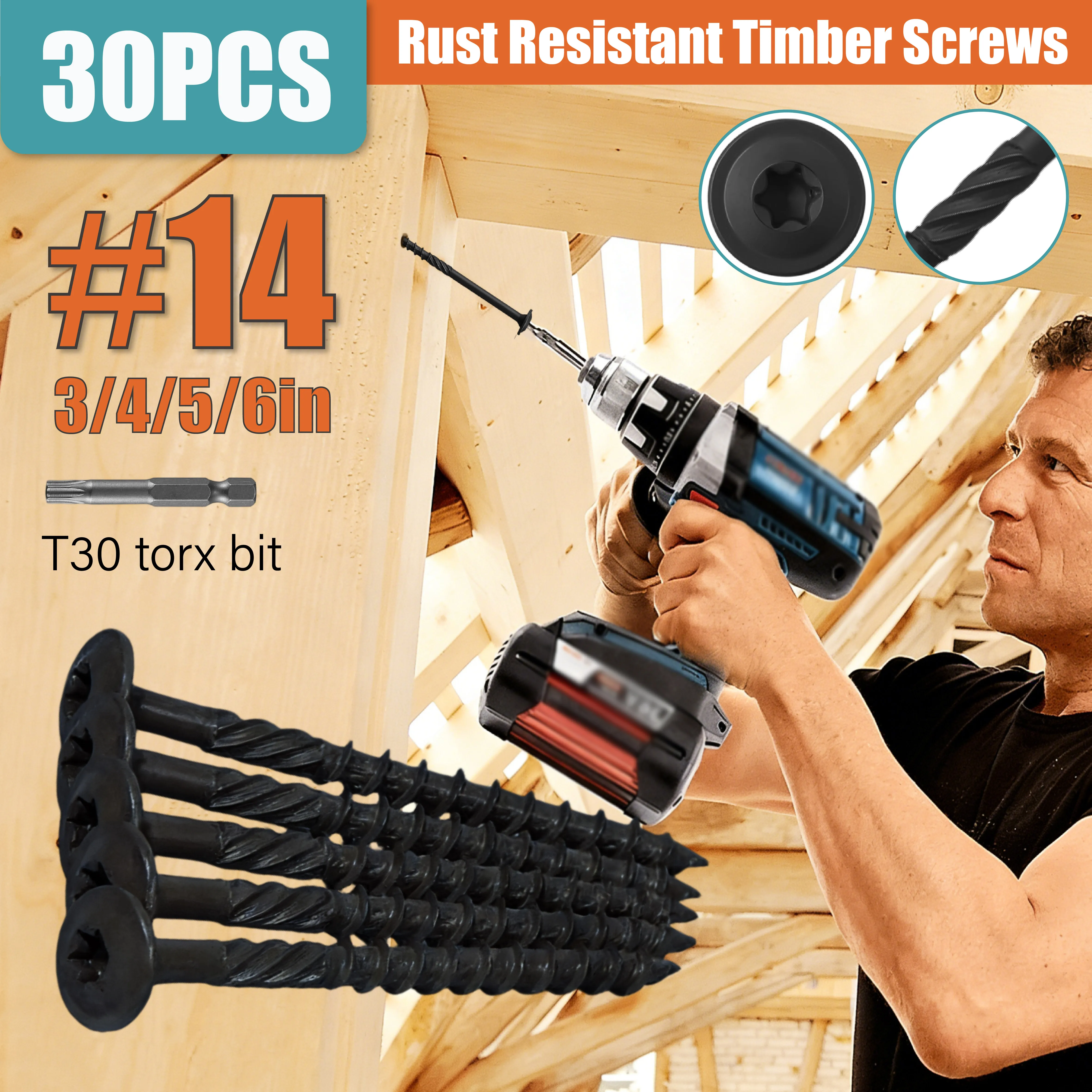 30pcs Heavy Duty Lag Screws - #14×3/4/5/6inch Targe Wood Structural Screws with Oxide Coating, with 1pcs Star Drive Bit & Self-Locking, Full Thread for Lumber, Black/Yellow, Ideal for Outdoor, Home And Industrial