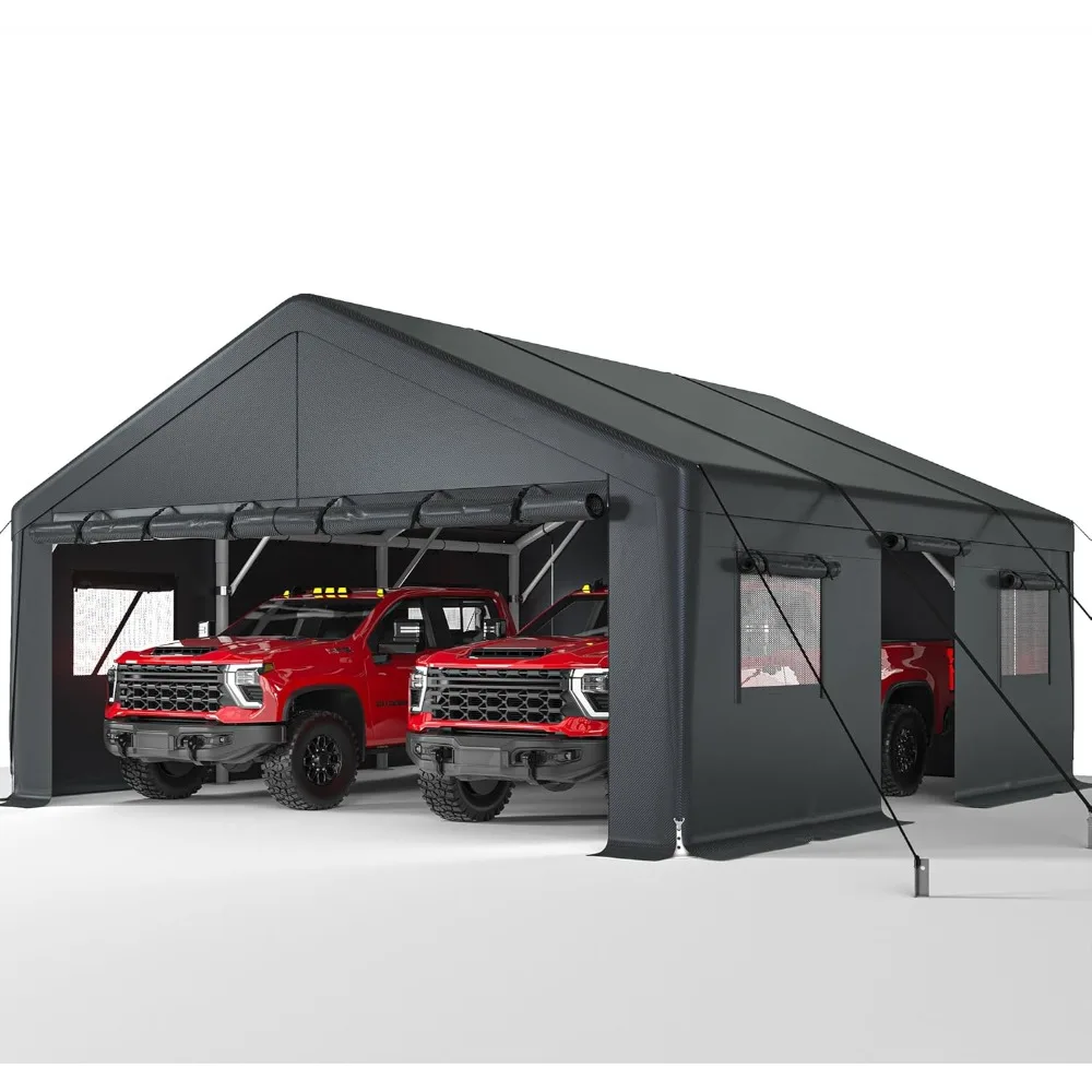 

2 Car Carport, 20 x 20 Heavy Duty Metal Carport, All Weather Extra Large Car Port, Outdoor Portable Garage with Side-Opening Do