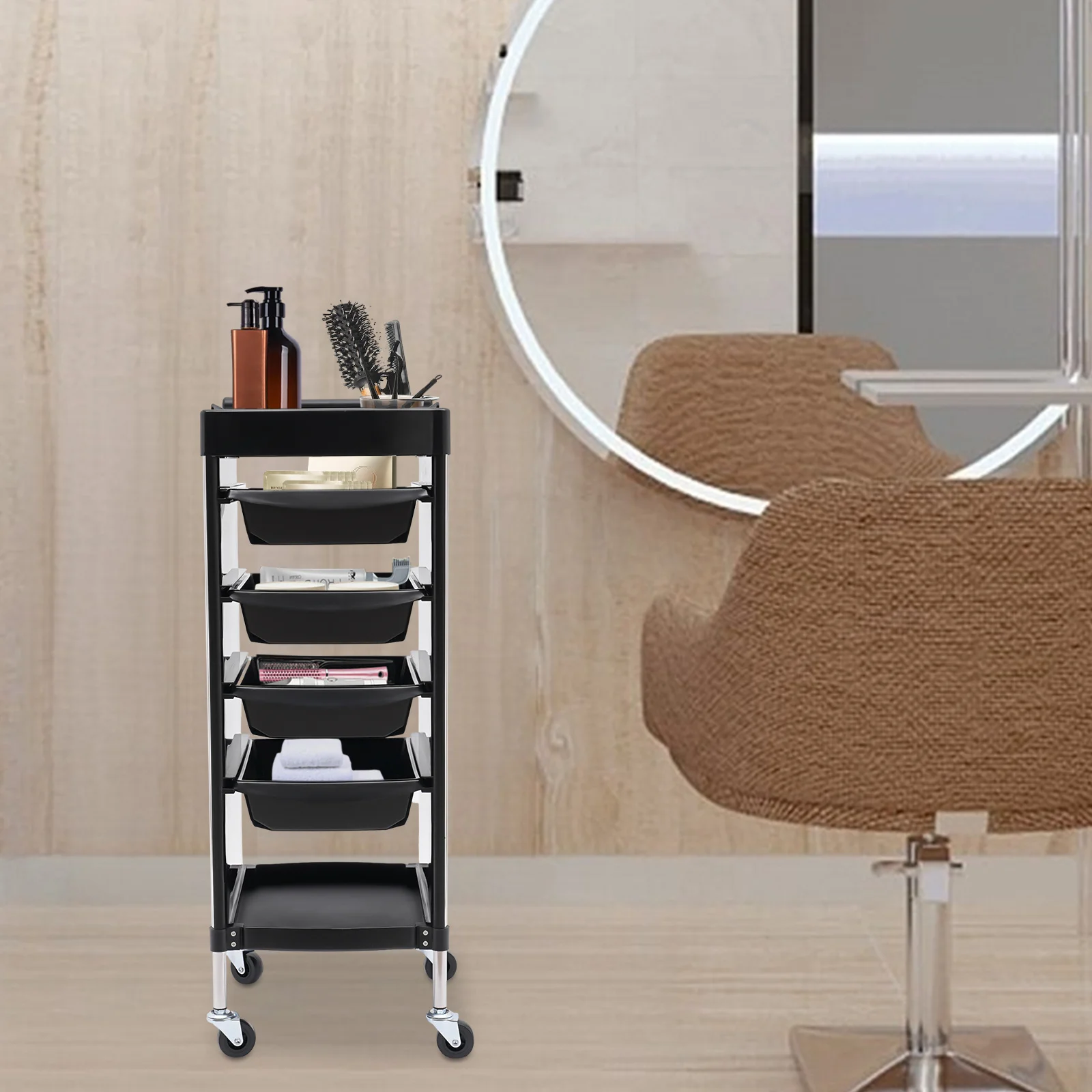 

6-Drawer Hair Styling Storage Unit, Black Finish, Ideal for Salon Tool Organization