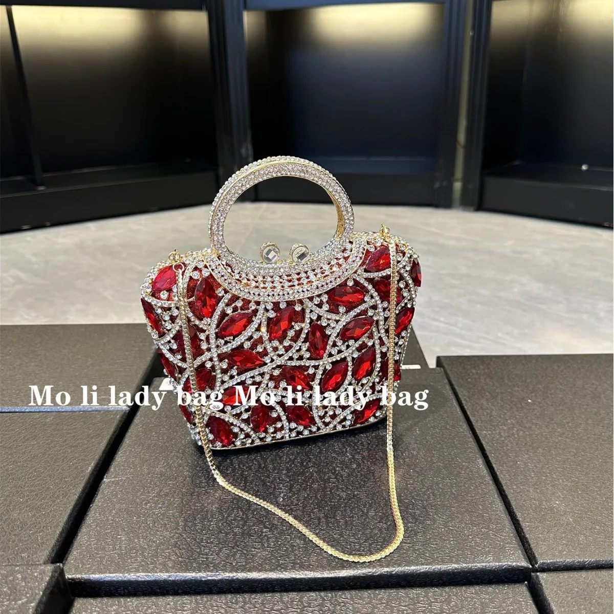High-end Party Burgundy Dress Bag Light Luxury Diamond-Encrusted Gold Dinner Bag Women's Exquisite Messenger Handbag