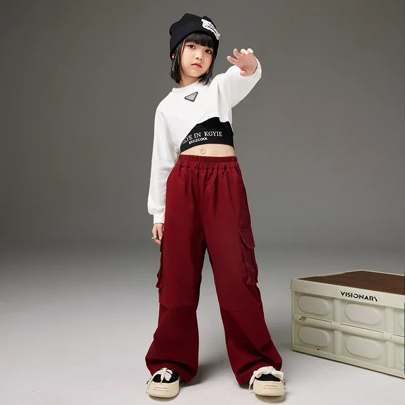 Girls Clothes Jazz Modern Dance Costumes White Long-sleeved Crop Tops Black Vest Red Cargo Pant 3pcs Streetwear Hip Hop Outfits