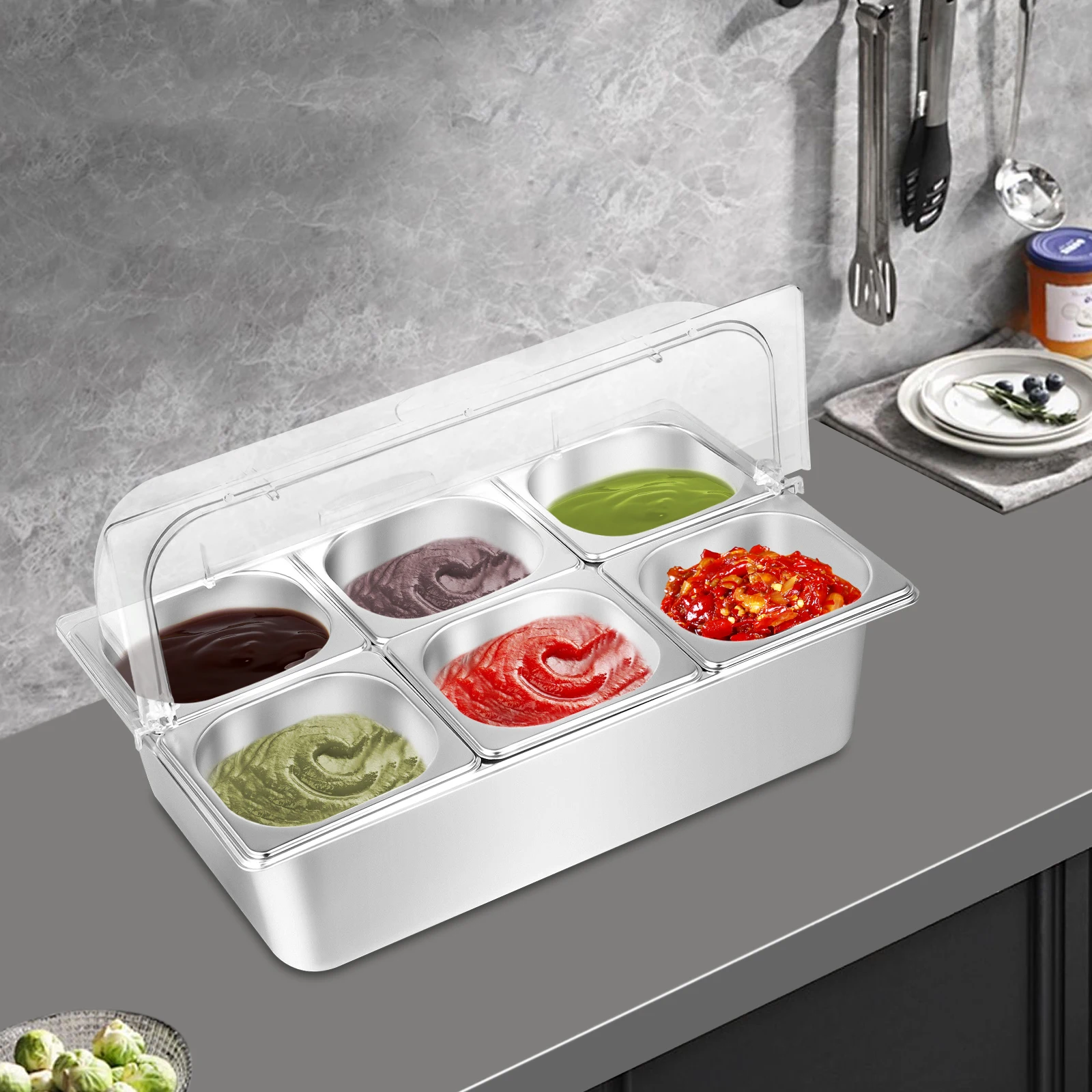 

6-Pan Ice Food Serving Display Tray with Clear Roll Top Cover Cold Food Buffet Tray 15 CM Height Countertop Salad Fruit Box