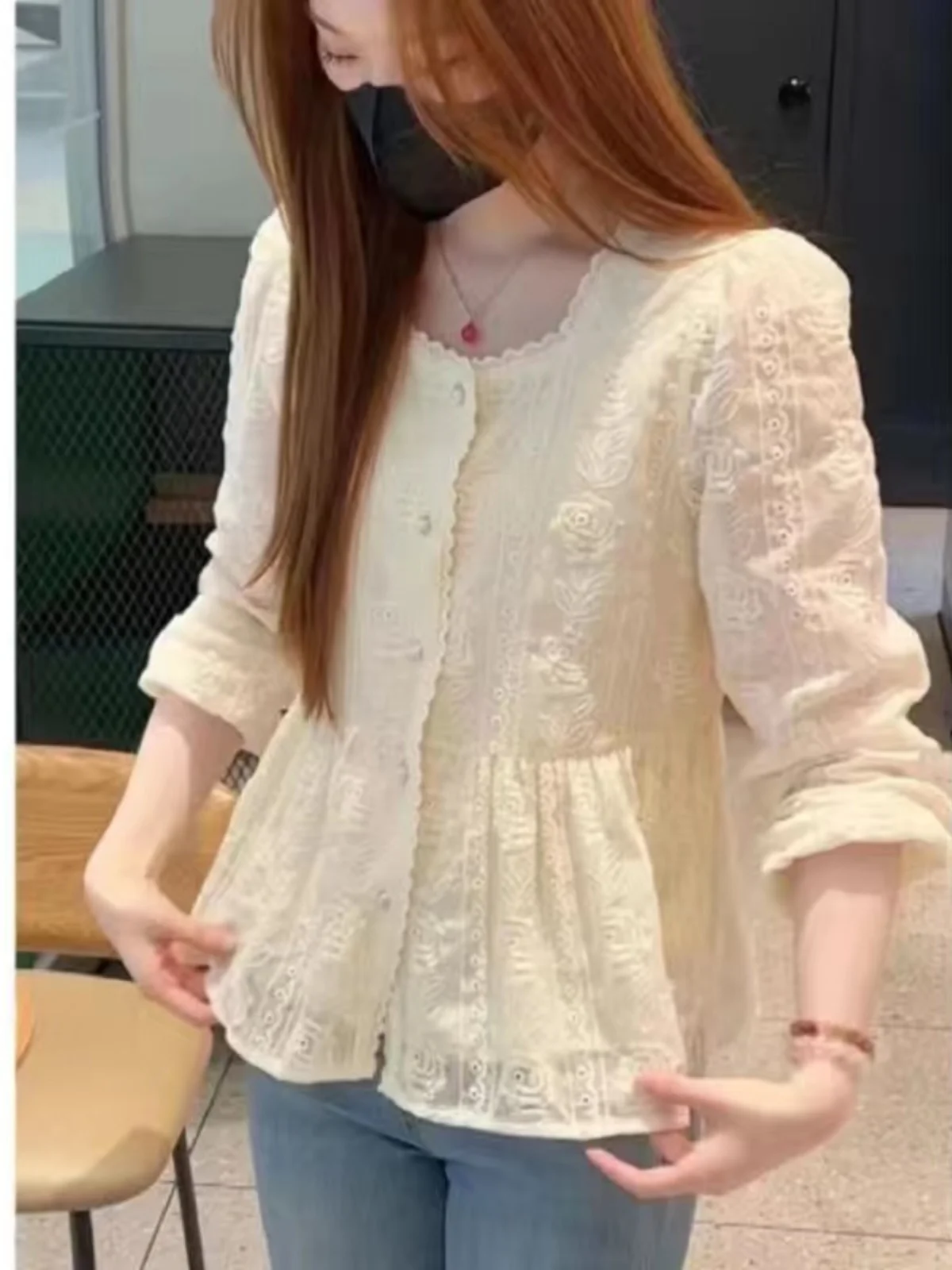 Elegant Lace Shirt Women's Loose Tummy Covering Chiffon Doll Shirt Spring Fashion French Style Breathable Long Sleeve Button up