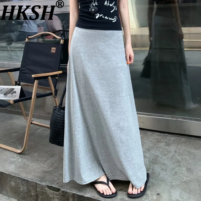 

HKSH Spring Autumn New Women Skirt Solid Color Draped Versatile High Street Korean Elegant Trendy Casual Ins Long Skirts HK12999