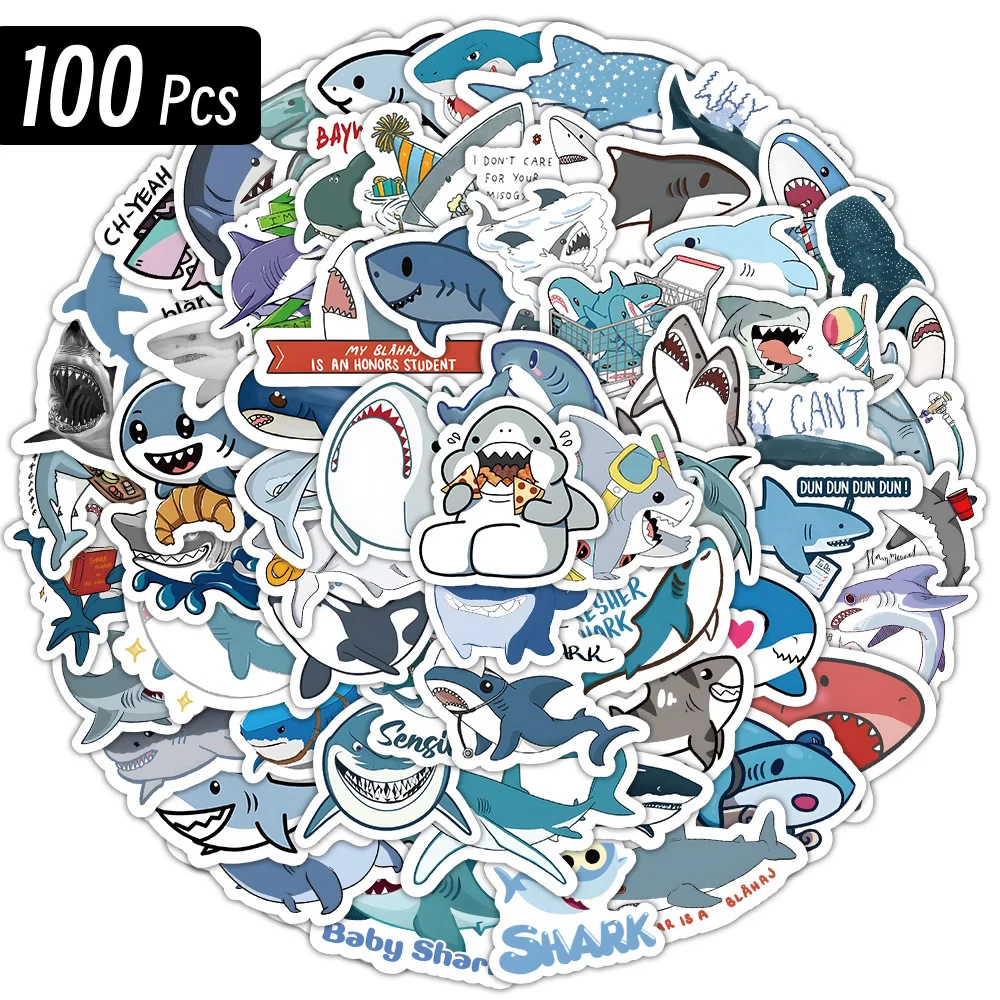 10/100p Sharks Ocean Fish Kawaii Stickers Toys Cute Cartoon Decals For Kids DIY Laptop Scrapbook Stationery Fridge Funny Sticker