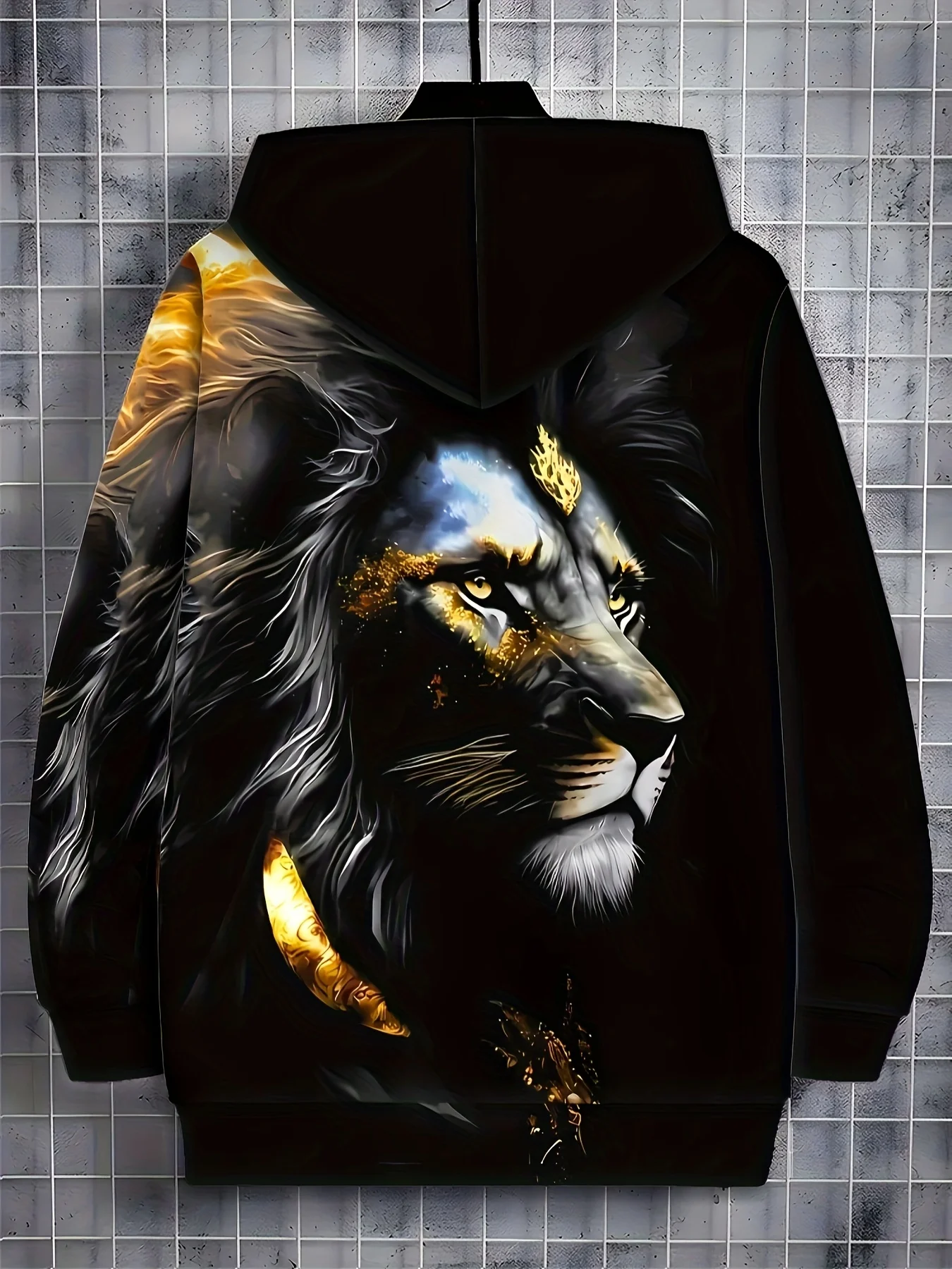 [Hoodie estiloso] Moletom com capuz com zíper e estampa de leão elegante |   Pulôver masculino de manga comprida com cordão, bolsos e tecido de poliéster quente