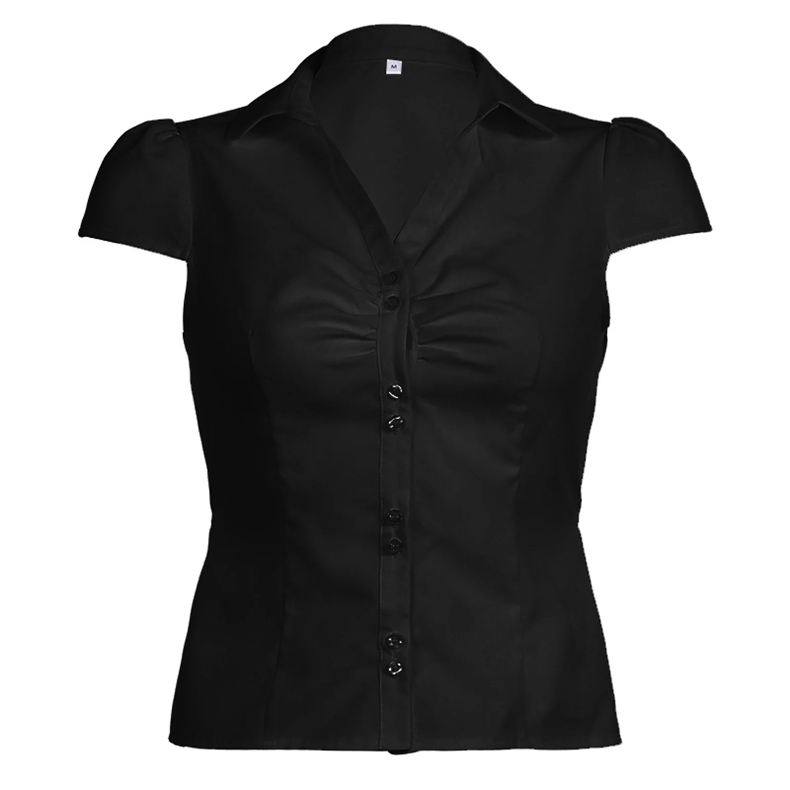 Women Fashion Commute Shirt Solid Color Tops Turn-down Collar Cap Sleeve Ruched Button-up Blouses Office OL Lady Shirts Top