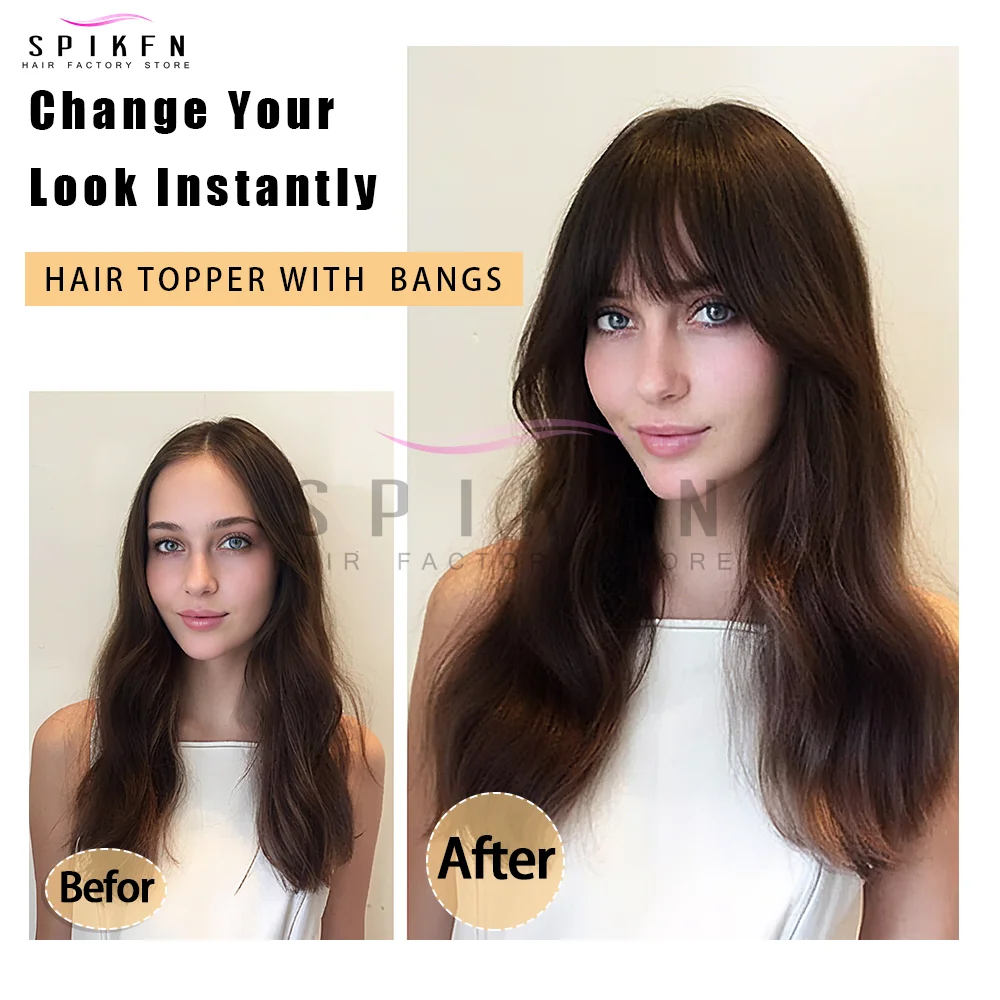 SPIKFN 8-14인치 천연 생머리 가발, 진짜 인모 탑퍼 8x12cm 통기성 헤어 베이스, 탈모 또는 앞머리 스타일링용