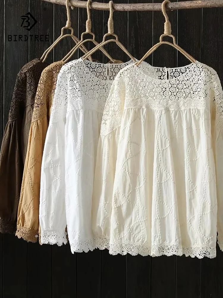 Autumn Medium Long Cotton Shirts Women Round Collar Tops Long Sleeve Hollow Crochet Lace Patchwork Loose Casual Blouses T37959JC