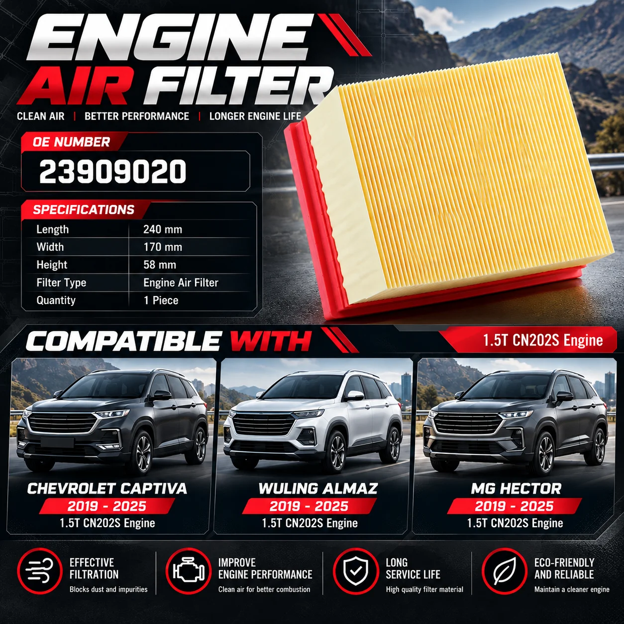 For Chevrolet Captiva Wuling ALMAZ MG HECTOR BAOJUN(SGMW) 530 560 730 1.5T RC-5w RM-5 RS-3 MA9628 Air Filter 23909020