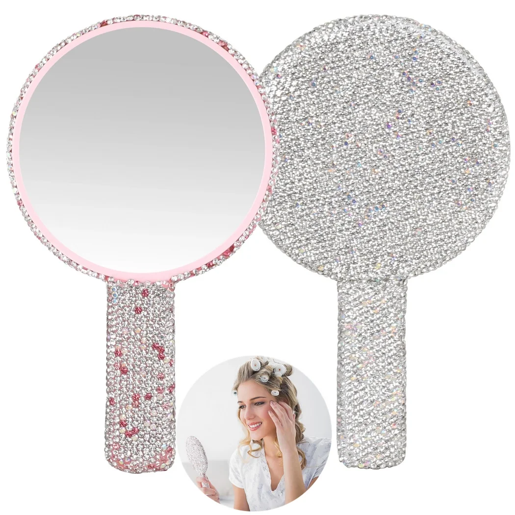 2Pcs Rhinestone Hand Mirror Makeup Mirrors For Women Vintage Handheld Mirror Portable Bling Mirrors For Wedding Cosmetic Salon