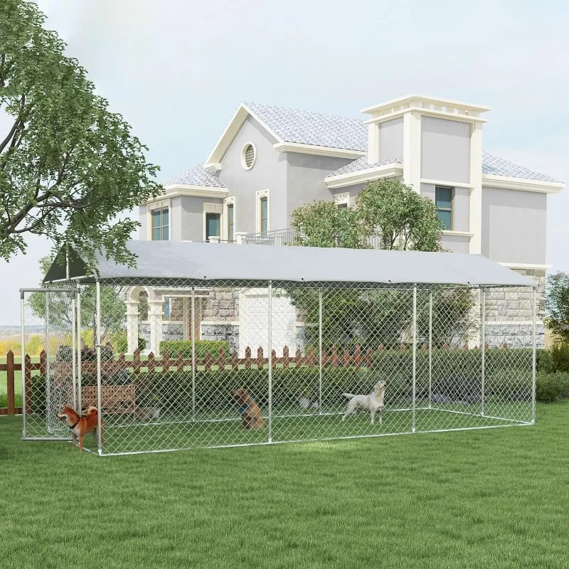 PawHut Large Dog Kennel Outside, Heavy Duty Dog Cage with Waterproof Cover, Outdoor Fence Dog Run