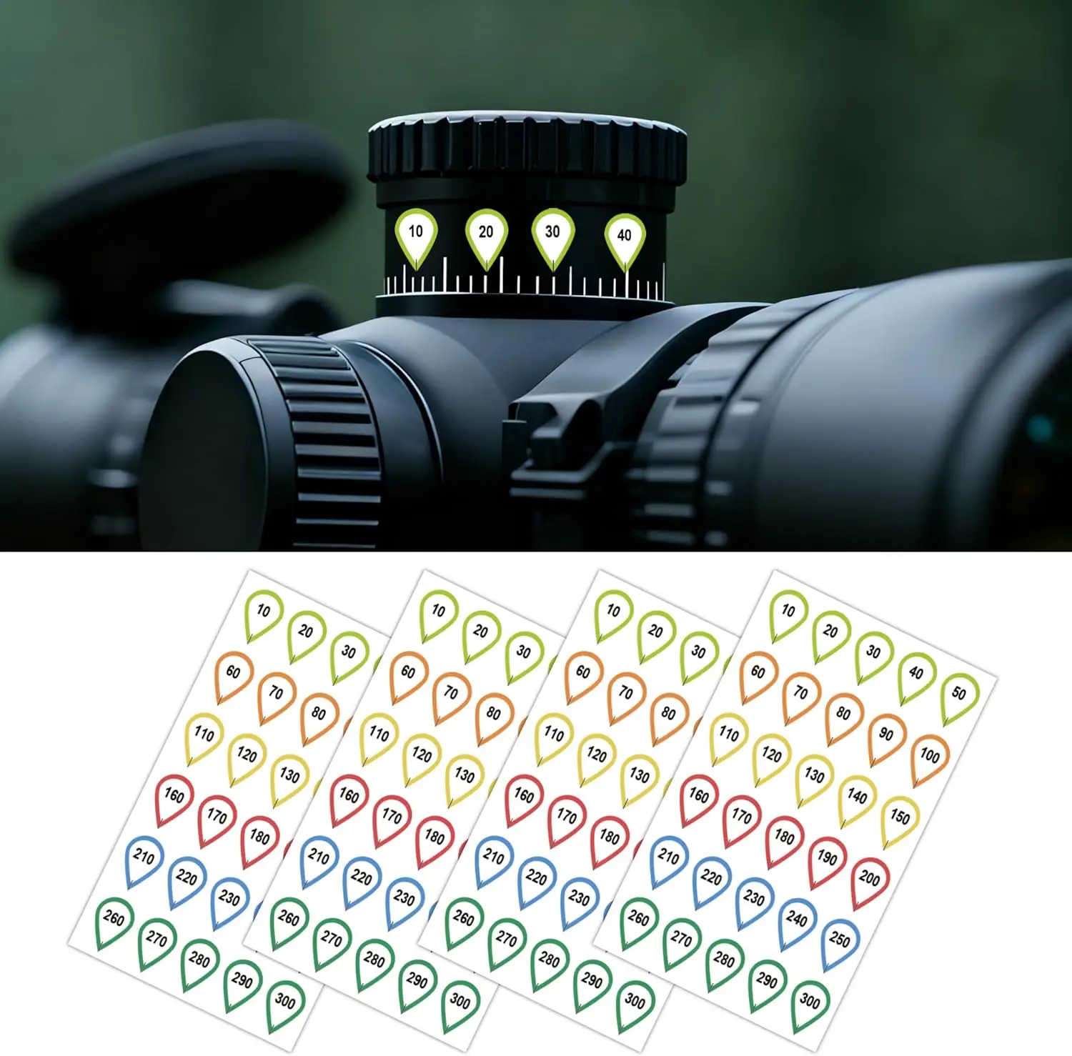 10 Sheets Rifle Scope Turret Stickers, Rifle Scope Turret Tags for Close-Range & Mid-Range Precision Target Shooting Hunting,