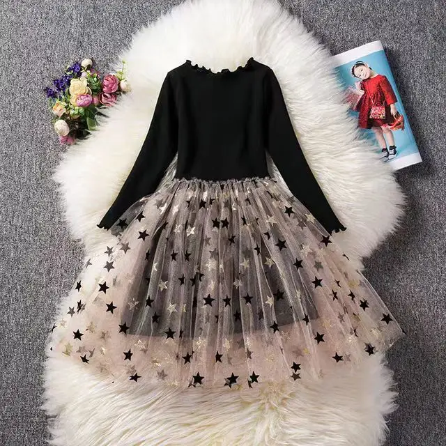 Little maven 2024 Autumn Girls Party Dresses New Children Mesh Princess Long Sleeve Dresses for Kids Clothes