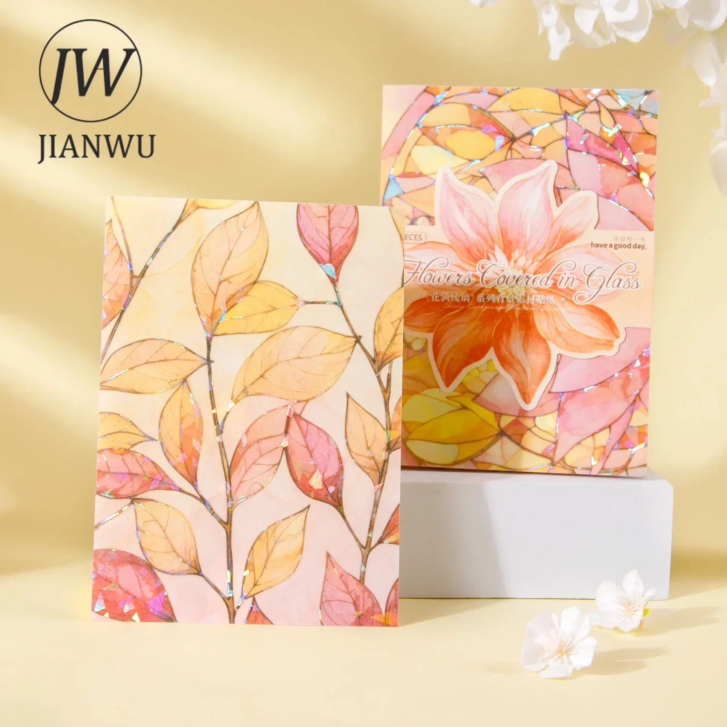 JIANWU 5 Sheets Flowers Covered in Glass Series Vintage Flower Decor Material Sticker Creative DIY Journal Collage Stationery