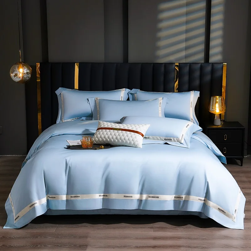 Luxury Blue Solid Color Egyptian Cotton Bedding Set, Duvet Cover, Linen Fitted Sheet, Pillowcases, Home Textile