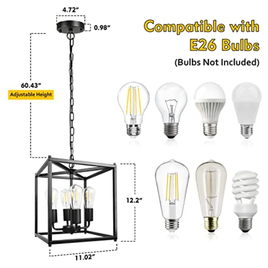 4-Light Black Farmhouse Chandelier, Iron Lantern Pendant Light Rustic Cage Adjustable Height, E26 Base Industrial Hanging Light - view 5