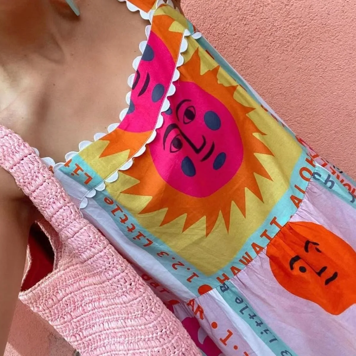 Vestido Midi de Verano 2024 con Estampado de Cara Sonriente, Encaje, Abertura Lateral, Estilo Dulce, Fibra de Poliéster, Moda...