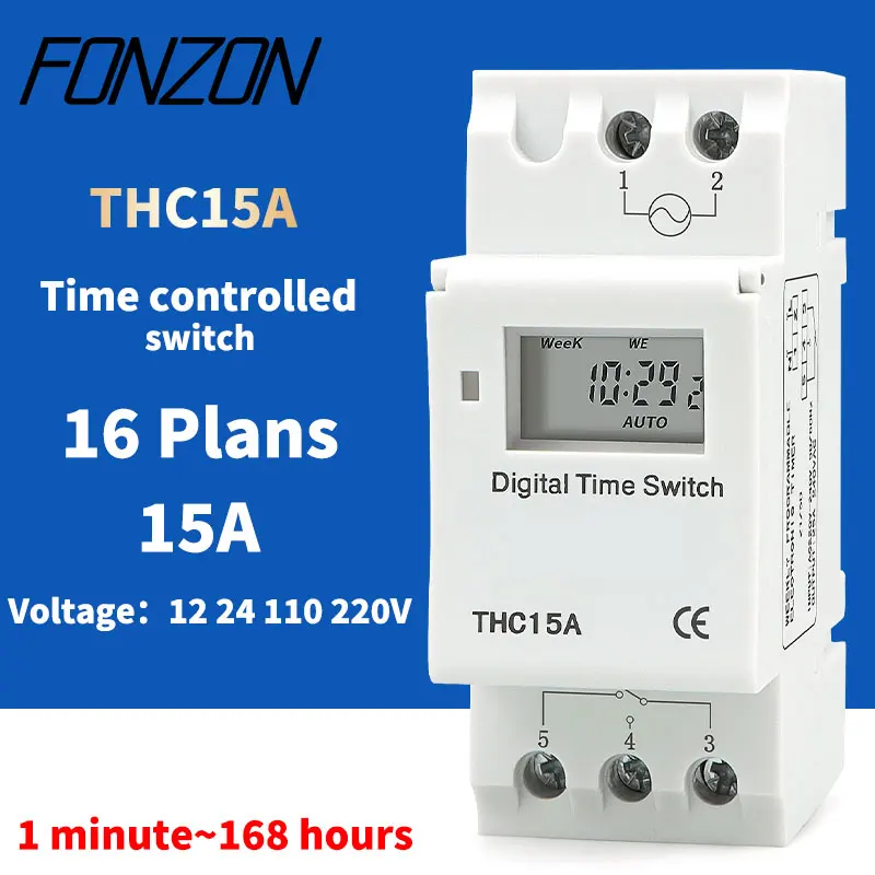 

THC15A New Din Rail Mount Weekly 7 Days Programmable Digital TIME SWITCH Relay Timer Control 12V 24V 110V 220V