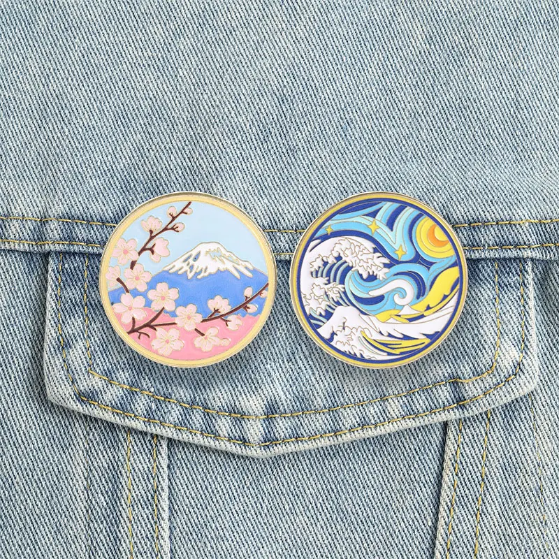 Japanese Style Kanagawa Wave Badge Fuji Mountain Sakura Enamel Pins Vintage Style Brooch Gift Decor Accessories