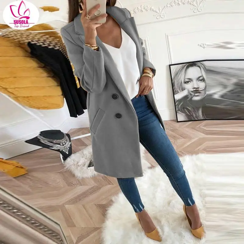 

SUSOLA Lady New Women Long Sleeve Turn-Down Collar Outwear Jacket Wool Blend Coat Casual Autumn Winter Elegant Overcoat Loose