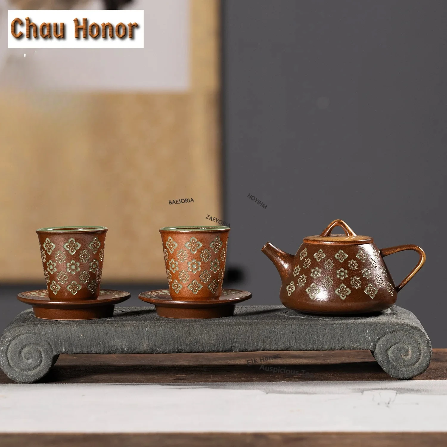 ZAEYORIA Po-phase Flowers Longquan Celadon Tea Set Complete Set Luxury Tea Ceremony Set Teapot and Tea Cup Set Teaware Ornaments