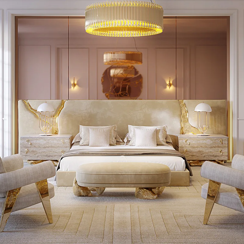 Portuguese light luxury mansion master bedroom double bed gilt years matte leather widescreen soft bag bed