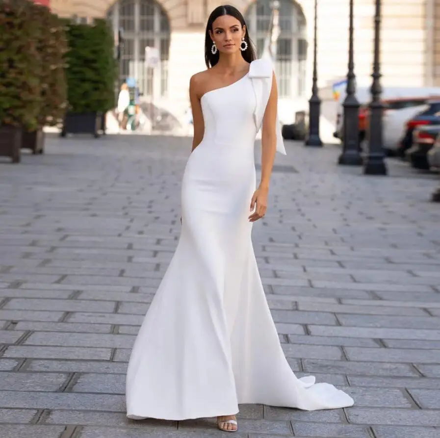 

Satin Mermaid Wedding Dresses Sexy One Shoulder Sleeveless Bridal Gown White/Ivory Beach Wedding Party Gown with Bow 2022