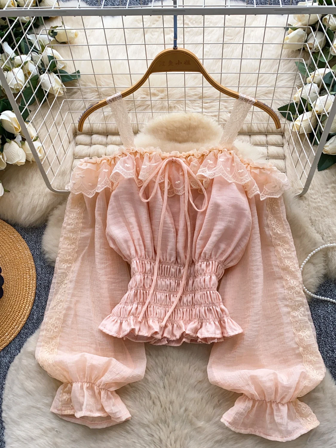 2026 New Autumn Women Sweet Slash Neck Flare Sleeve Off Shoulder Strap Shirt Lace Lace Splicing Waist up Solid Shirt Tops