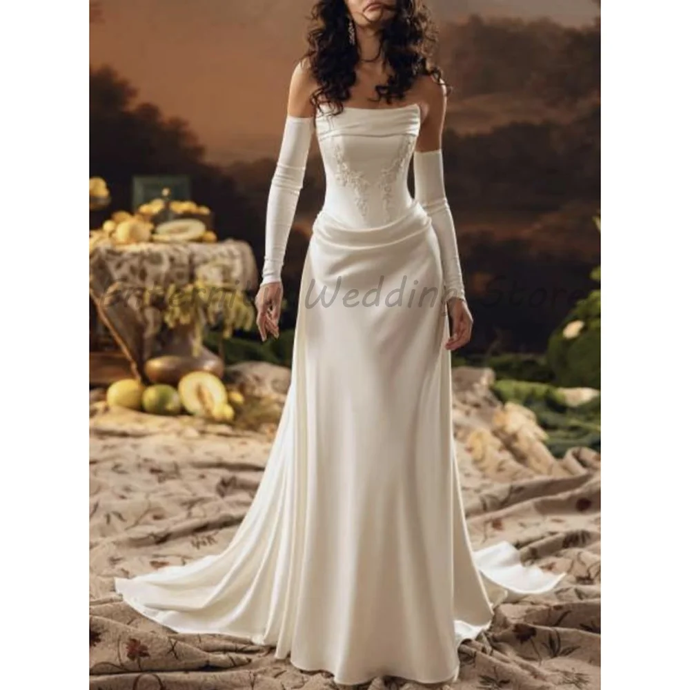 White Mermaid Wedding Dress Strapless Detachable Long Sleeves Floral Embroidery Draped Satin Chapel Train Minimal Bridal Gown